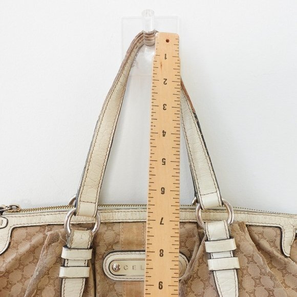 VINTAGE Celine Bag Leather Beige Tote Purse White‎ Macadam Canvas Logo Monogram - Picture 7 of 16